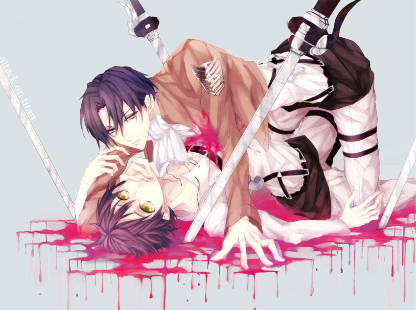 2boys, 9tsumura, black_eyes, black_hair, eren_jaeger, green_eyes, jacket, levi_(shingeki_no_kyojin)