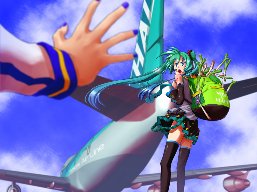 airplane, aqua_eyes, aqua_hair, bag, detached_sleeves, hatsune_miku, headphones, headset