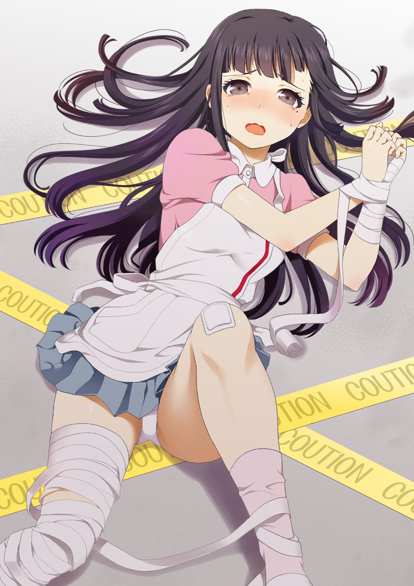 1girl, apron, bandages, bandaid, blush, bound_wrists, dangan_ronpa, long_hair