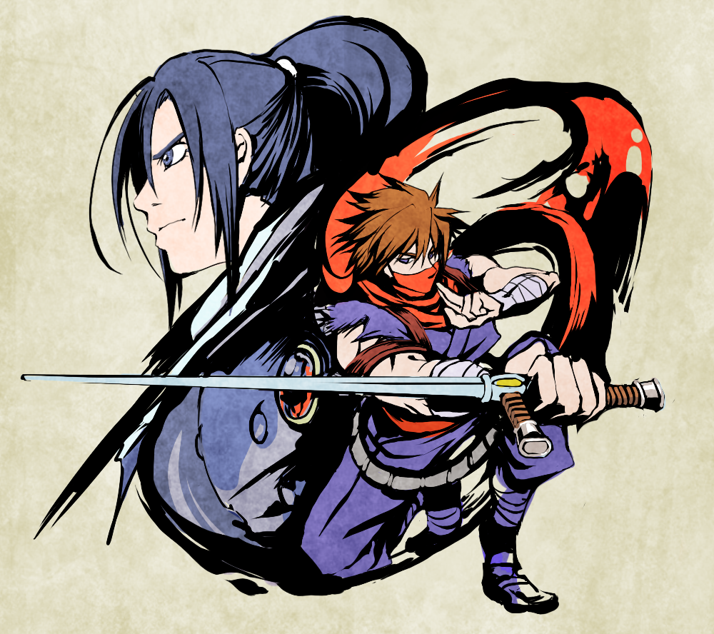2boys, 9tt6, bandages, belt, black_hair, blue_eyes, brown_hair, multiple_boys
