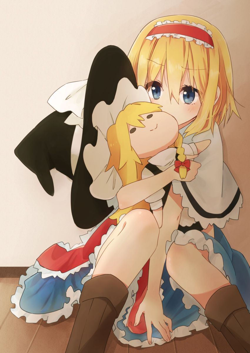 1girl, alice_margatroid, blonde_hair, blue_eyes, boots, capelet, character_doll, ema20