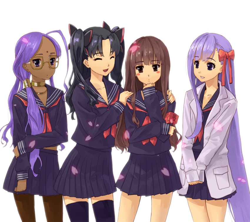 4girls, :d, ^_^, ahoge, bindi, black_hair, black_legwear, blush_stickers, brown_eyes, brown_hair, brown_legwear, chin_rest, closed_eyes, dark_skin, fate/extra, fate/extra_ccc, fate/grand_order, fate_(series), female_protagonist_(fate/extra), fujimo_ruru, glasses, grin, hair_over_shoulder, hair_ribbon, hands_on_shoulders, holding_arm, jewelry, kishinami_hakuno_(female), labcoat, long_hair, matou_sakura, multiple_girls, neck_ring, necklace, open_mouth, pantyhose, petals, pleated_skirt, ponytail, purple_hair, rani_viii, ribbon, school_uniform, serafuku, skirt, smile, thigh-highs, tohsaka_rin, toosaka_rin, two_side_up, v_arms, very_long_hair, violet_eyes