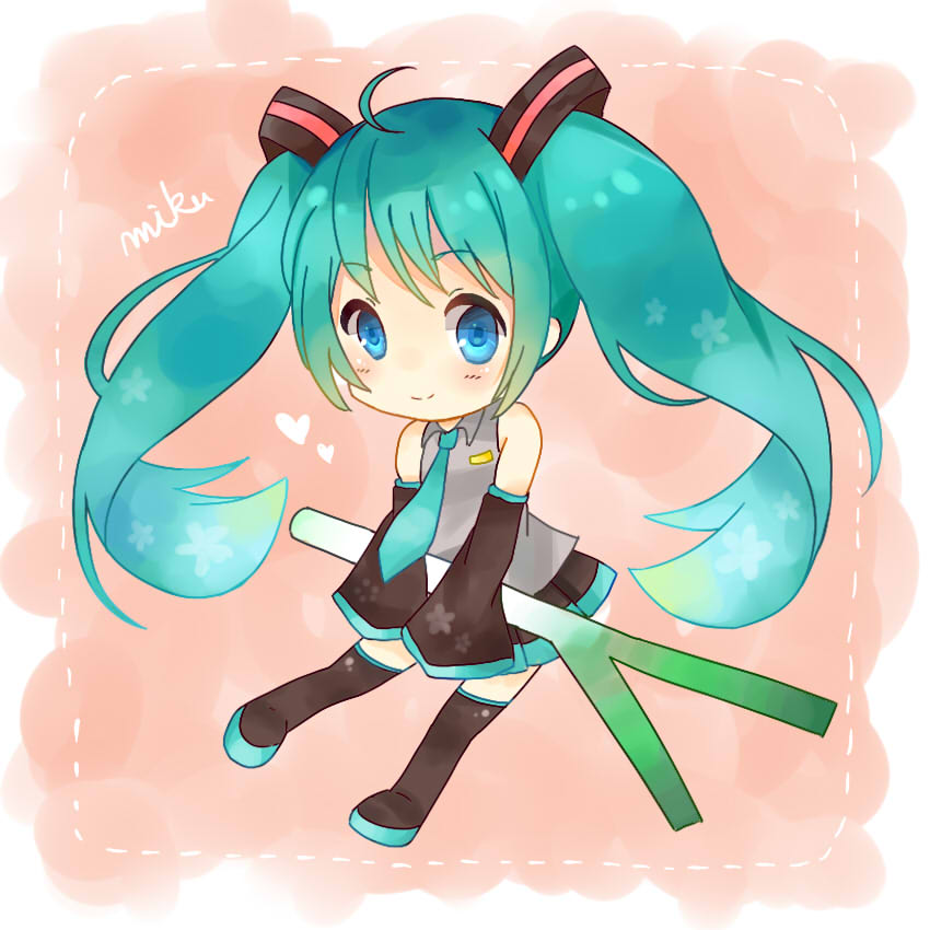 1girl, ahoge, blue_eyes, boots, character_name, chibi, detached_sleeves, green_hair, hatsune_miku, long_hair, necktie, shirozakana, skirt, sleeves_past_wrists, solo, spring_onion, thigh-highs, thigh_boots, twintails, very_long_hair, vocaloid
