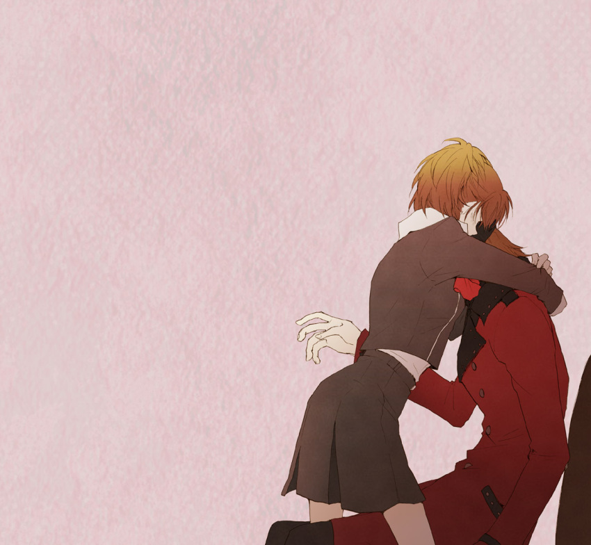 1girl, aragaki_shinjirou, beanie, bow, couple, female_protagonist_(persona_3), hat, hug
