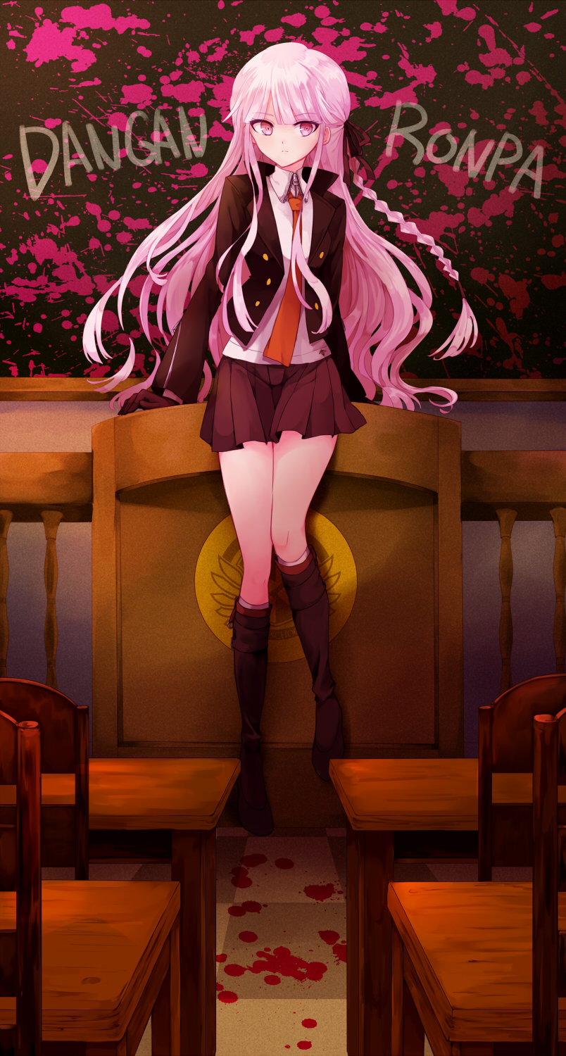 1girl, blood, boots, braid, dangan_ronpa, gloves, highres, jacket
