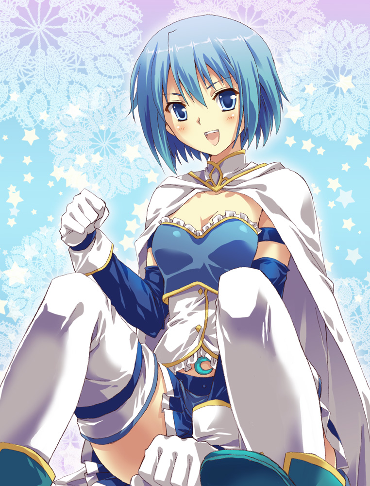 1girl, arm_warmers, armband, blue_eyes, blue_hair, cape, detached_sleeves, gloves
