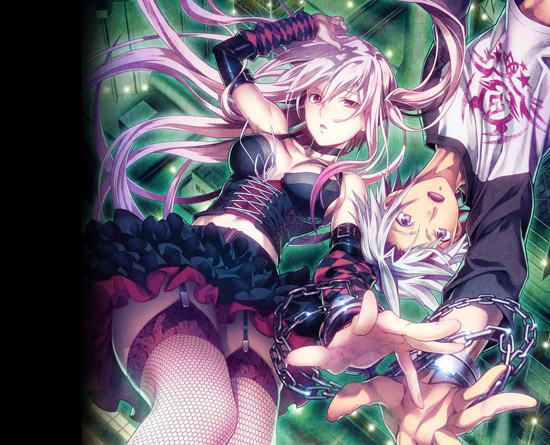 1boy, 1girl, arm_warmers, chain, corset, disorder_6, fishnet_legwear, fishnets