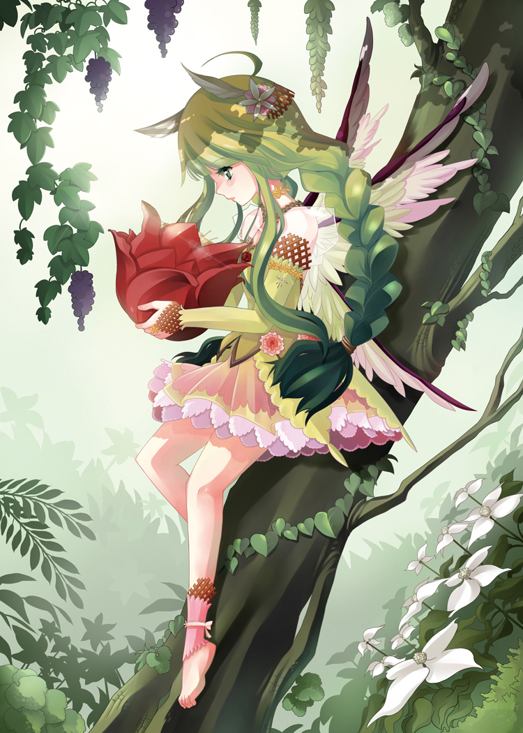 1girl, animal_ears, barefoot, braid, dress, flower, green_eyes, green_hair