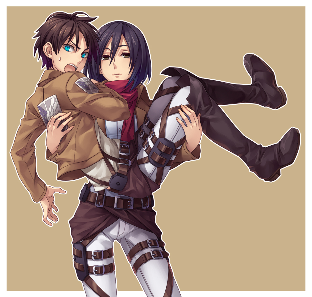 1boy, 1girl, belt, black_hair, boots, brown_hair, carrying, jacket