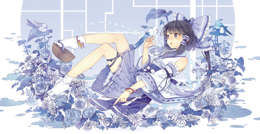 1girl, adapted_costume, alternate_color, bangle, bird, black_eyes, black_hair, bow