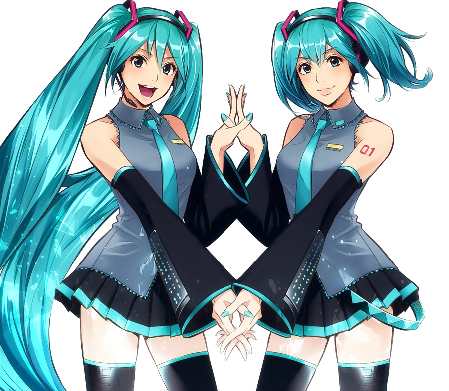 2girls, aqua_eyes, aqua_hair, detached_sleeves, hatsune_miku, headphones, holding_hands, kanata_(loser51), long_hair, multiple_girls, nail_polish, necktie, open_mouth, short_hair, skirt, symmetry, thigh-highs, twintails, very_long_hair, vocaloid