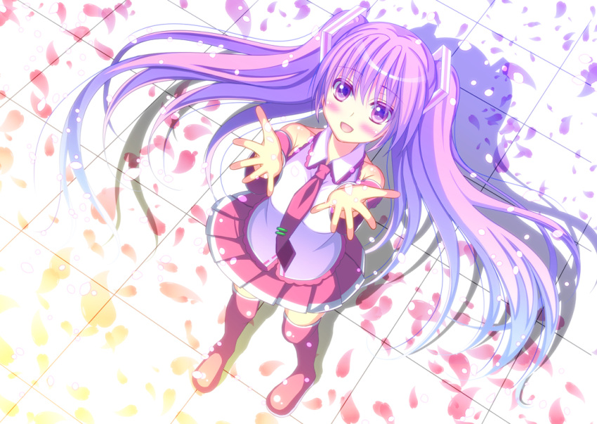 1girl, blush, boots, detached_sleeves, from_above, hatsune_miku, long_hair, necktie