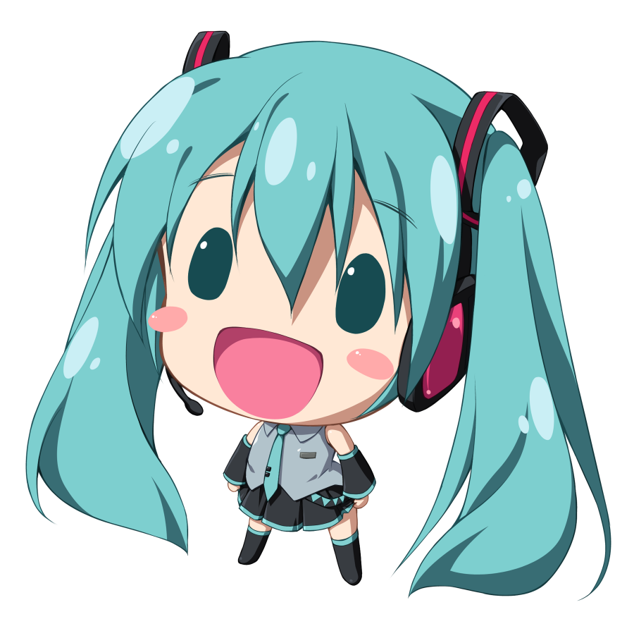 1girl, :d, blush_stickers, chibi, detached_sleeves, green_eyes, green_hair, hatsune_miku, headset, long_hair, natsuhime_yuran, necktie, open_mouth, simple_background, skirt, smile, solo, thigh-highs, twintails, very_long_hair, vocaloid, white_background