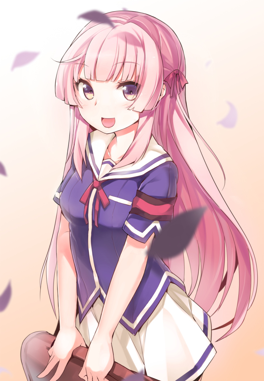 1girl, :d, armband, bag, cozyquilt, fuyuumi_ai, hair_ribbon, highres