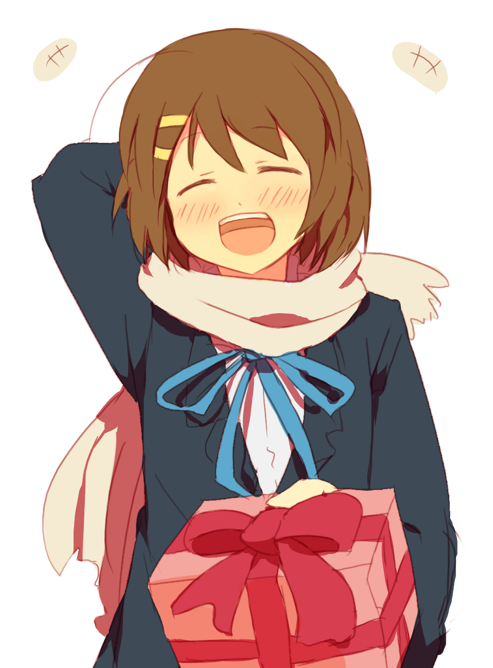 brown_hair, closed_eyes, gift, highres, hirasawa_yui, holding, holding_gift, k-on!