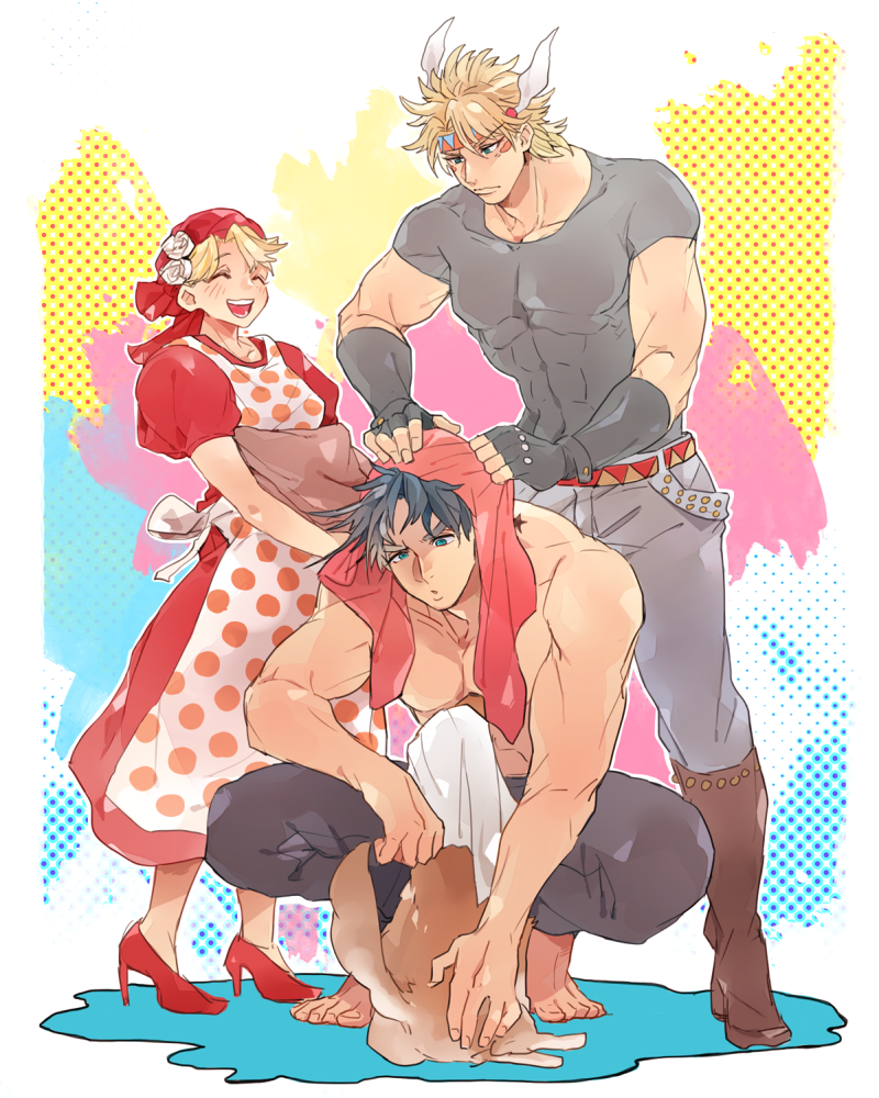 1girl, 2boys, apron, bandana, barefoot, black_hair, blonde_hair, blue_hair, caesar_anthonio_zeppeli, dog, dress, feathers, headband, hood, jojo_no_kimyou_na_bouken, joseph_joestar_(young), multiple_boys, oreha00701, squatting, suzi_quatro, towel
