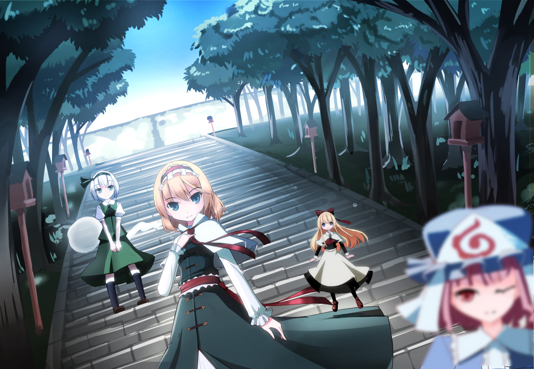 3girls, alice_margatroid, apron, blonde_hair, blue_eyes, blue_sky, blurry, bow