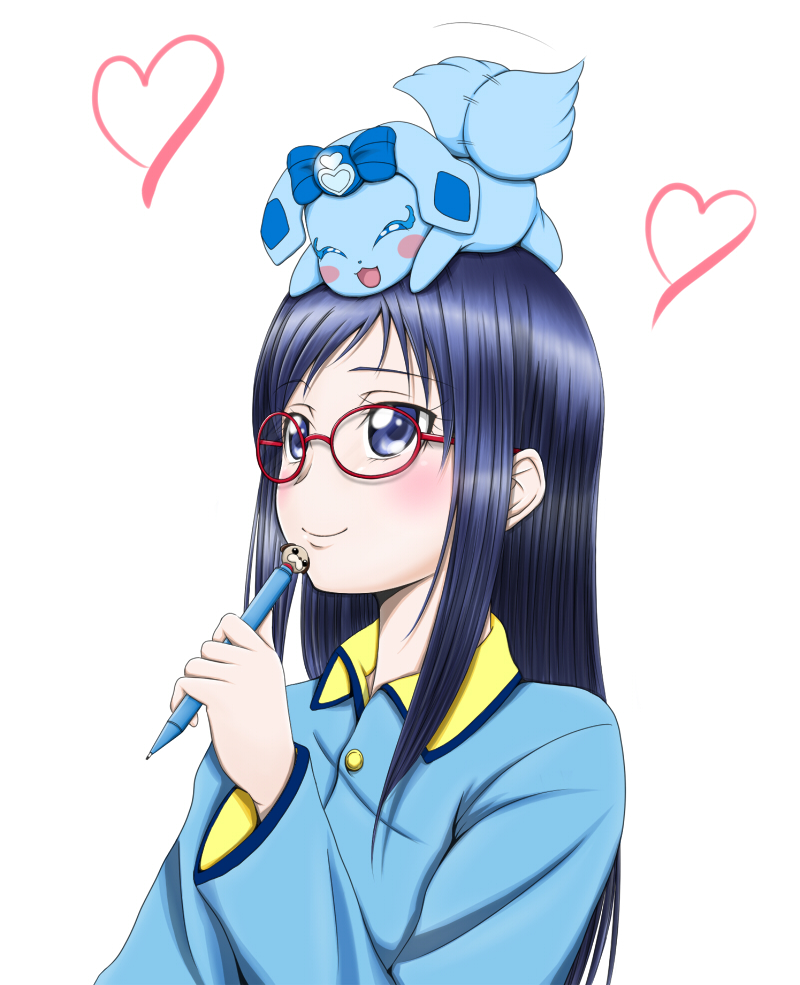 1girl, blue_eyes, blue_hair, blush, bust, dokidoki!_precure, glasses, hair_down, heart, hishikawa_rikka, long_hair, pajamas, pen, precure, raquel_(dokidoki!_precure), roaru_(gyuren), simple_background, sitting, sitting_on_head, sitting_on_person, smile, solo, tail, tail_wagging, white_background