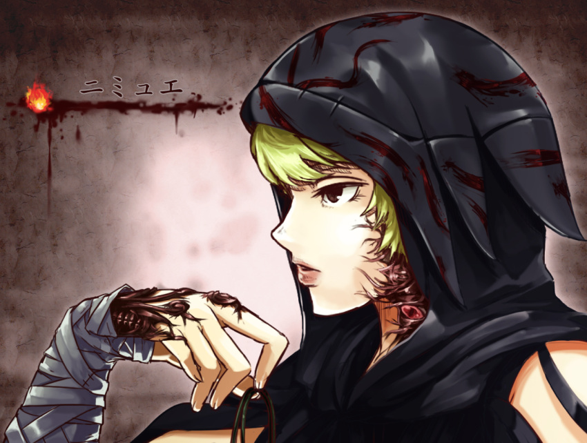 bandages, blonde_hair, character_name, hood, my400ml, nimue_(soul_sacrifice), scar, soul_sacrifice