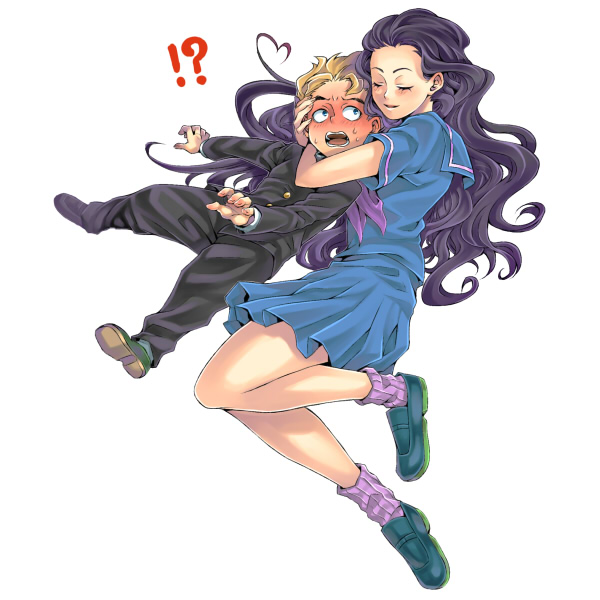 !?, 1boy, 1girl, black_hair, blonde_hair, blush, couple, gakuran