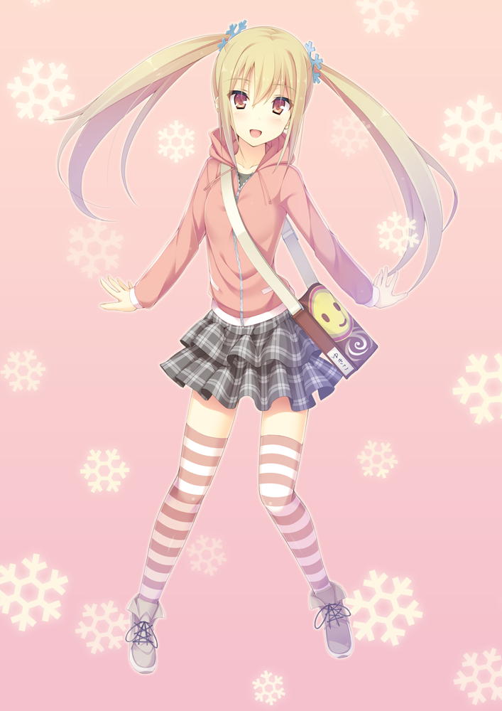1girl, :d, bag, hair_ornament, hoodie, ihara_asta, light_brown_eyes, light_brown_hair, open_mouth, original, outstretched_hand, pink_background, plaid, plaid_skirt, shoes, skirt, smile, snowflakes, solo, striped, striped_legwear, thigh-highs, twintails, yukijirushi, yukiko-tan, zettai_ryouiki
