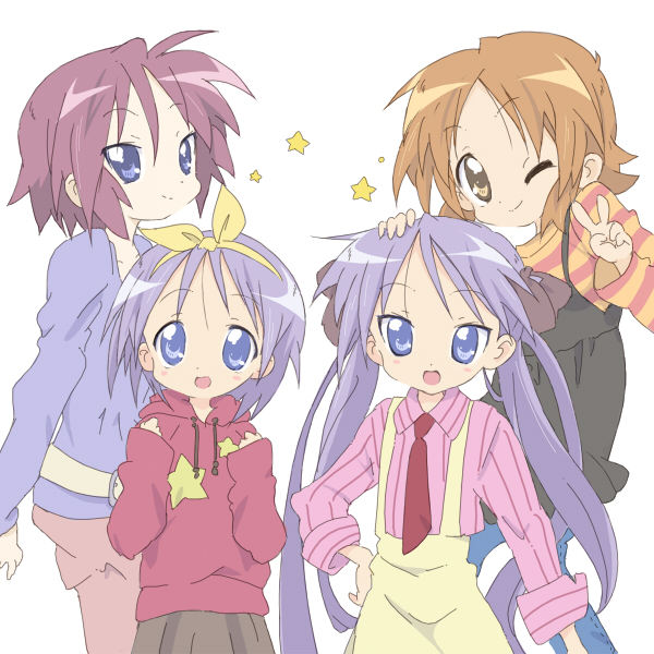 4girls, bow, brown_eyes, brown_hair, collarbone, core_(mayomayo), hair_bow, hair_ribbon
