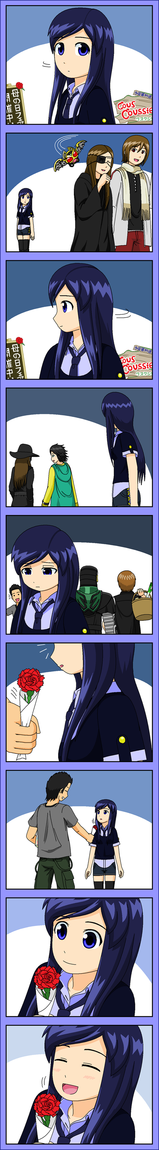 3girls, 4boys, ^_^, absurdres, basket, black_hair, black_legwear, blue_eyes