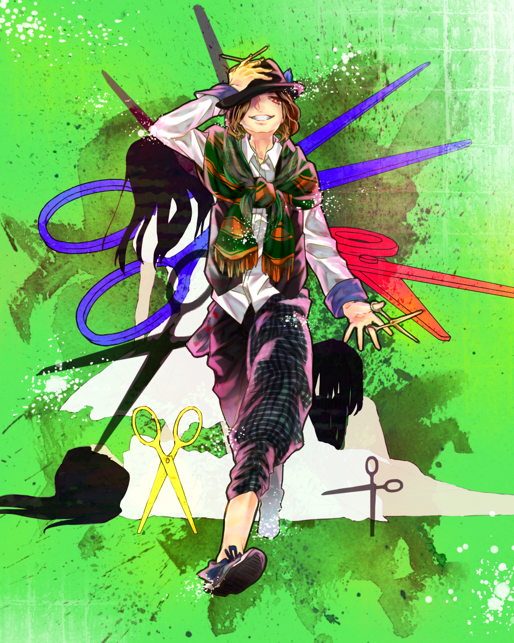 1boy, brown_hair, dress_shirt, gremlin_(kamen_rider_wizard), grin, hair, hat, highres