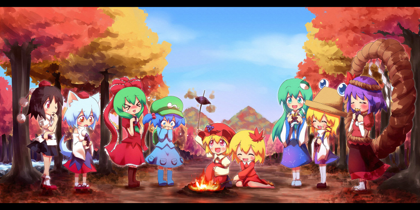 >_<, aki_minoriko, aki_shizuha, animal_ears, autumn, ayakashi_(monkeypanch), backpack, bag