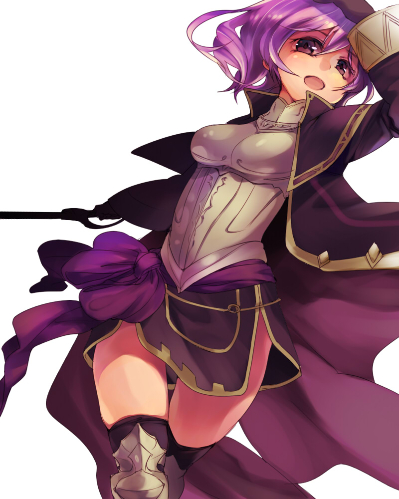 1girl, alternate_costume, armor, black_legwear, breastplate, brown_eyes, catalina, fire_emblem, fire_emblem:_kakusei, fire_emblem:_shin_monshou_no_nazo, gloves, greaves, long_coat, looking_at_viewer, mg_kurino, open_mouth, purple_hair, sash, simple_background, skindentation, smile, solo, sword, thigh-highs, weapon, white_background