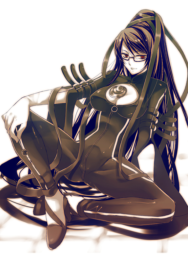 bayonetta, bayonetta_(character), black_hair, bodysuit, cleavage_cutout, female, glasses, hair_bun, high_heels, long_hair, lying, ns, red_eyes, ribbon, solo, very_long_hair