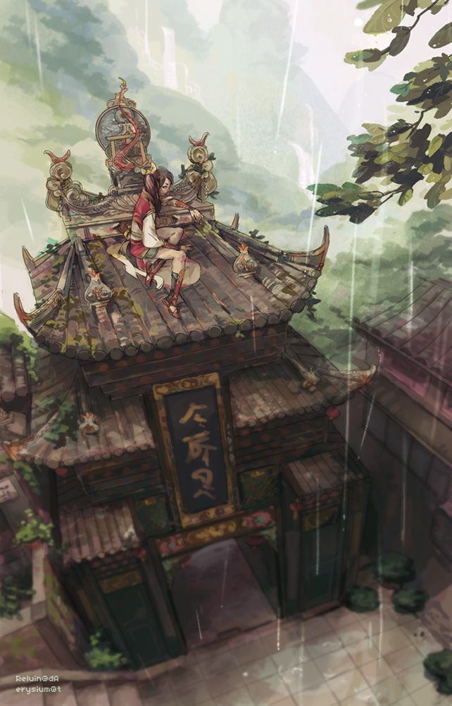 1girl, arm_support, artist_name, blurry, brown_hair, depth_of_field, east_asian_architecture, from_above, long_hair, original, rain, reluin, rooftop, scenery, sitting