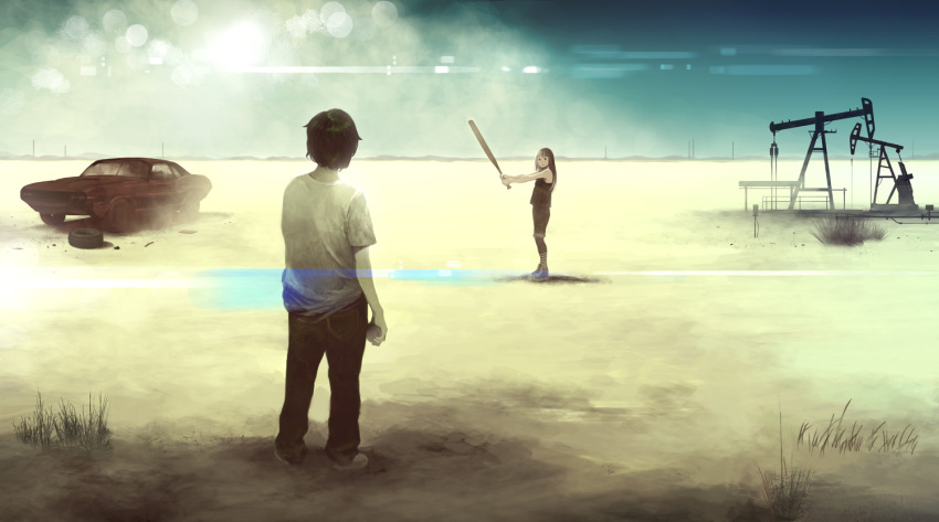 1boy, 1girl, bare_shoulders, baseball, baseball_bat, blurry, bokeh, brown_hair, car, damaged, depth_of_field, desert, lens_flare, long_hair, motor_vehicle, oil_well, original, sand, shiira, short_hair, striped, striped_legwear, sun, tire, vehicle
