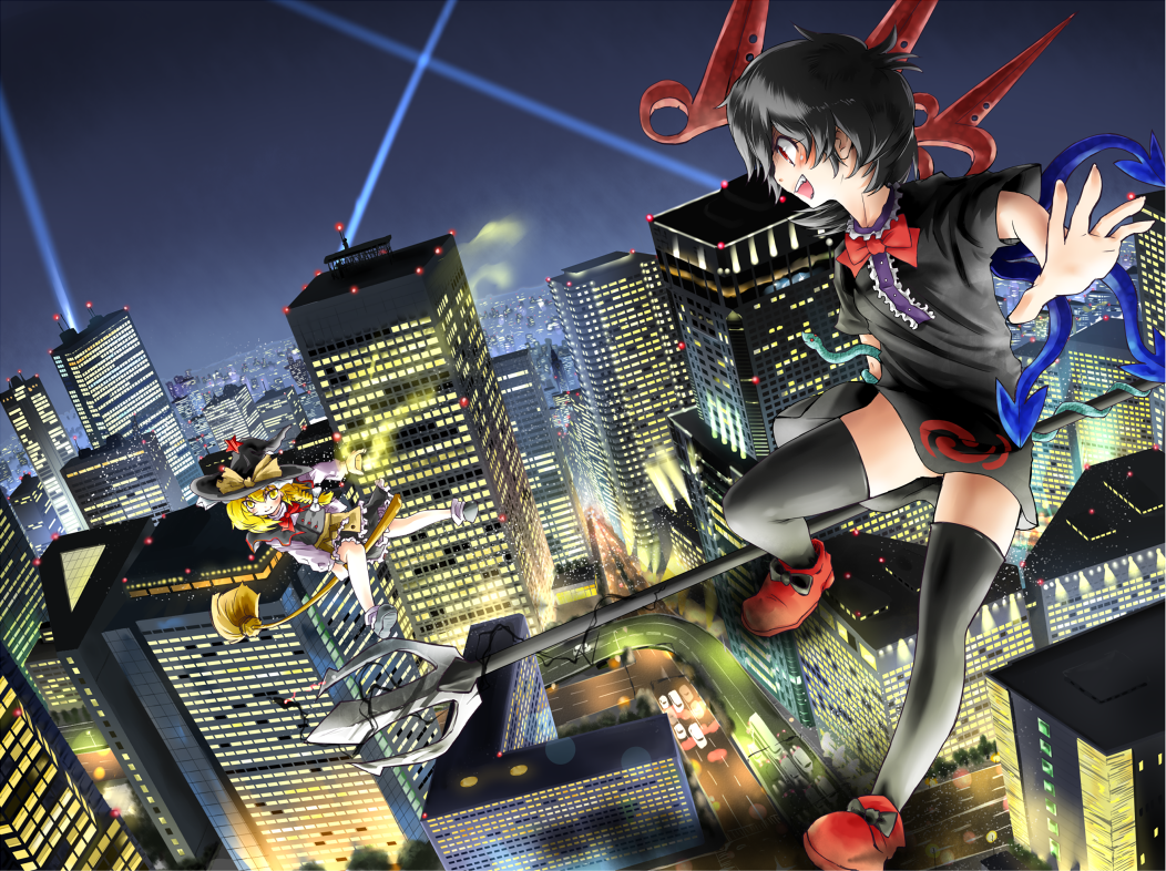 black_legwear, black_thighhighs, blonde_hair, building, city, cityscape, houjuu_nue, kirisame_marisa