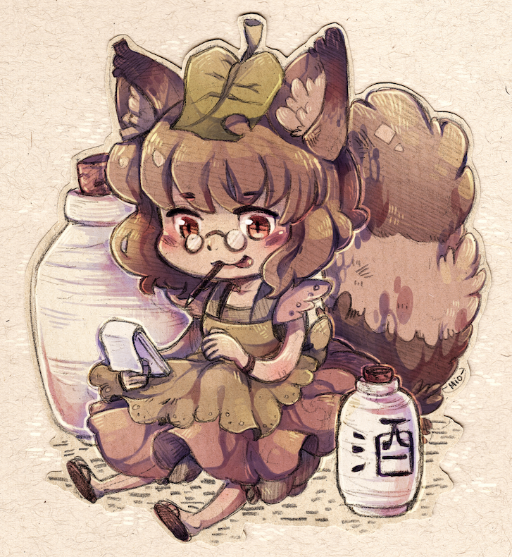 1girl, animal_ears, apron, brown_hair, chibi, futatsuiwa_mamizou, glasses, gourd