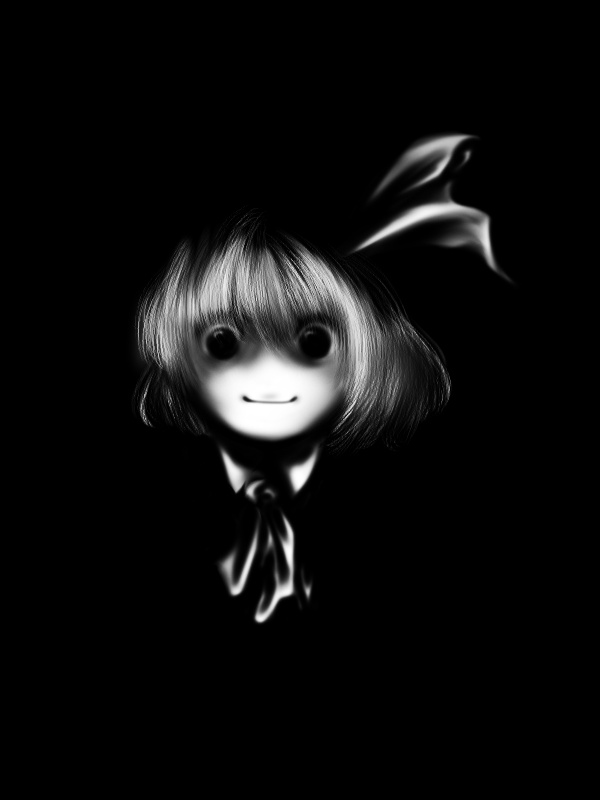 darkness, face, monochrome, rochika_gekijou, rumia, smile, touhou