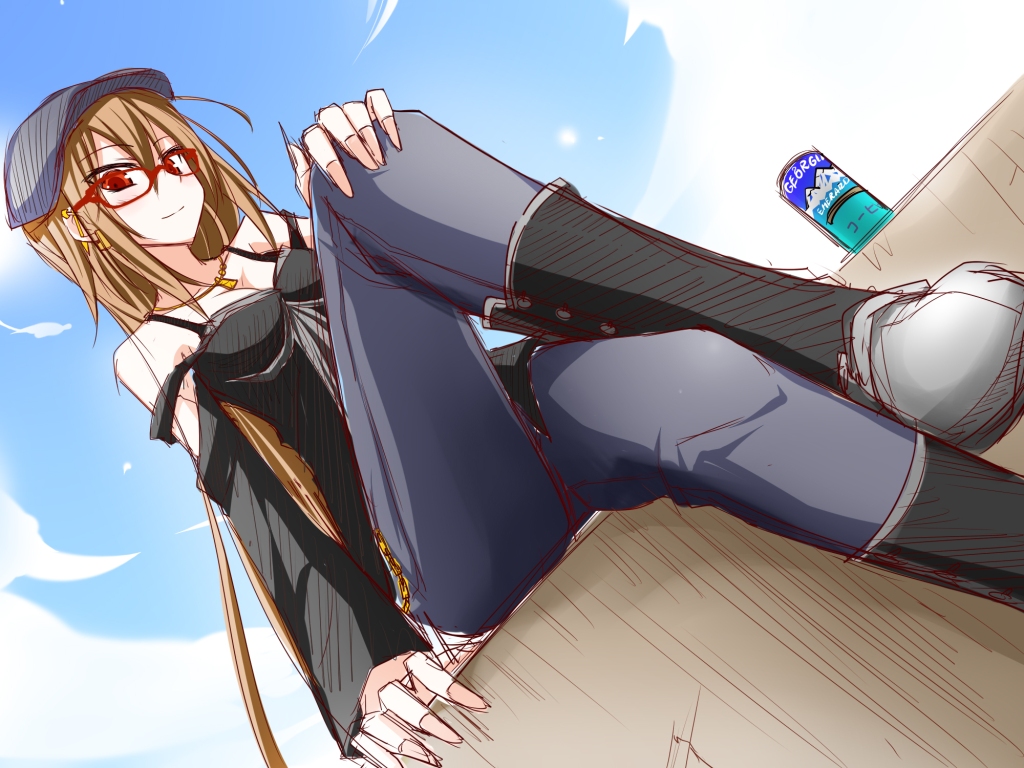 1girl, bare_shoulders, brown_hair, glasses, hat, lindoh_flores, long_hair, original