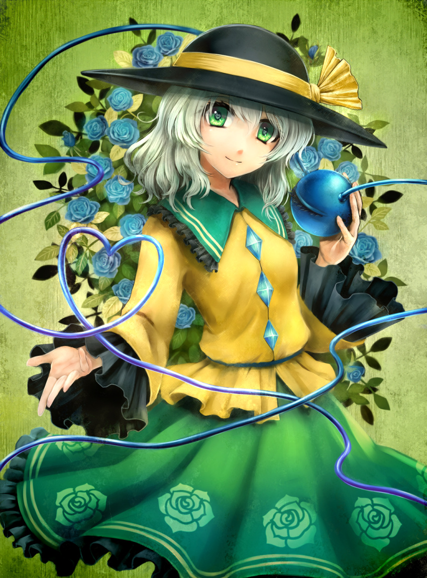 1girl, blue_rose, eyeball, floral_print, flower, frilled_skirt, frilled_sleeves, frills