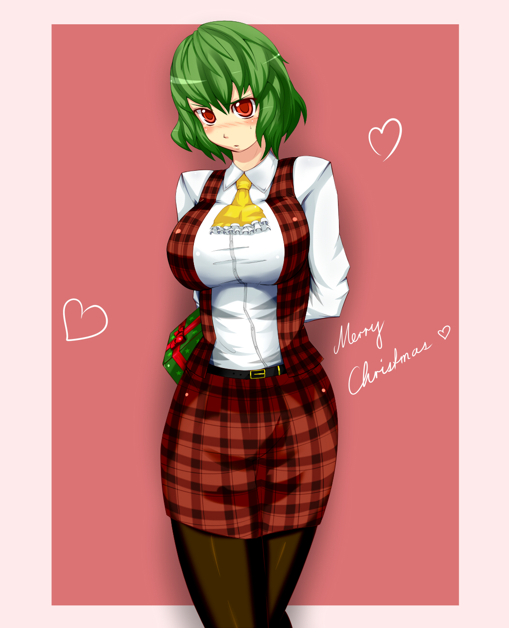 1girl, 2radpersec, ascot, black_legwear, blush, breasts, english, gift