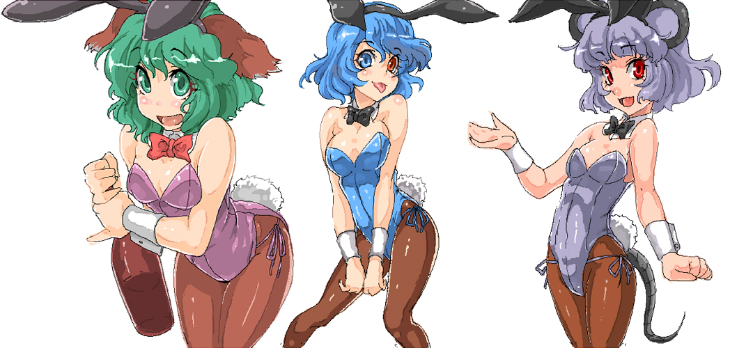 3girls, :p, animal_ears, blue_eyes, blue_hair, bottle, bowtie, breasts