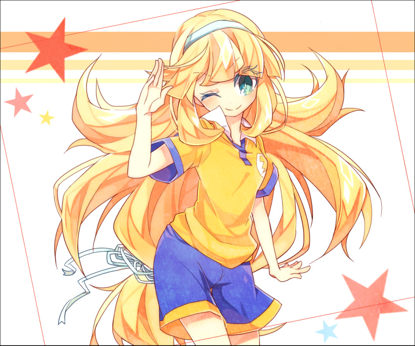 1girl, blonde_hair, blue_eyes, fusion, hairband, inazuma_eleven_(series), inazuma_eleven_go, inazuma_eleven_go_chrono_stone