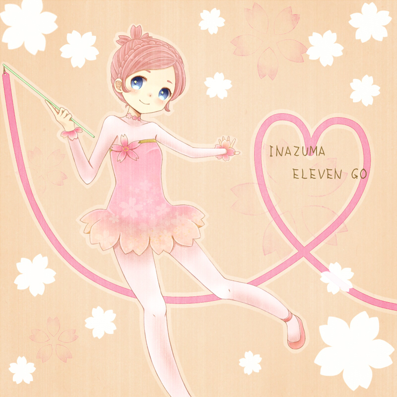 1girl, blue_eyes, cherry_blossoms, copyright_name, gymnastics, heart, inazuma11a, inazuma_eleven_(series)