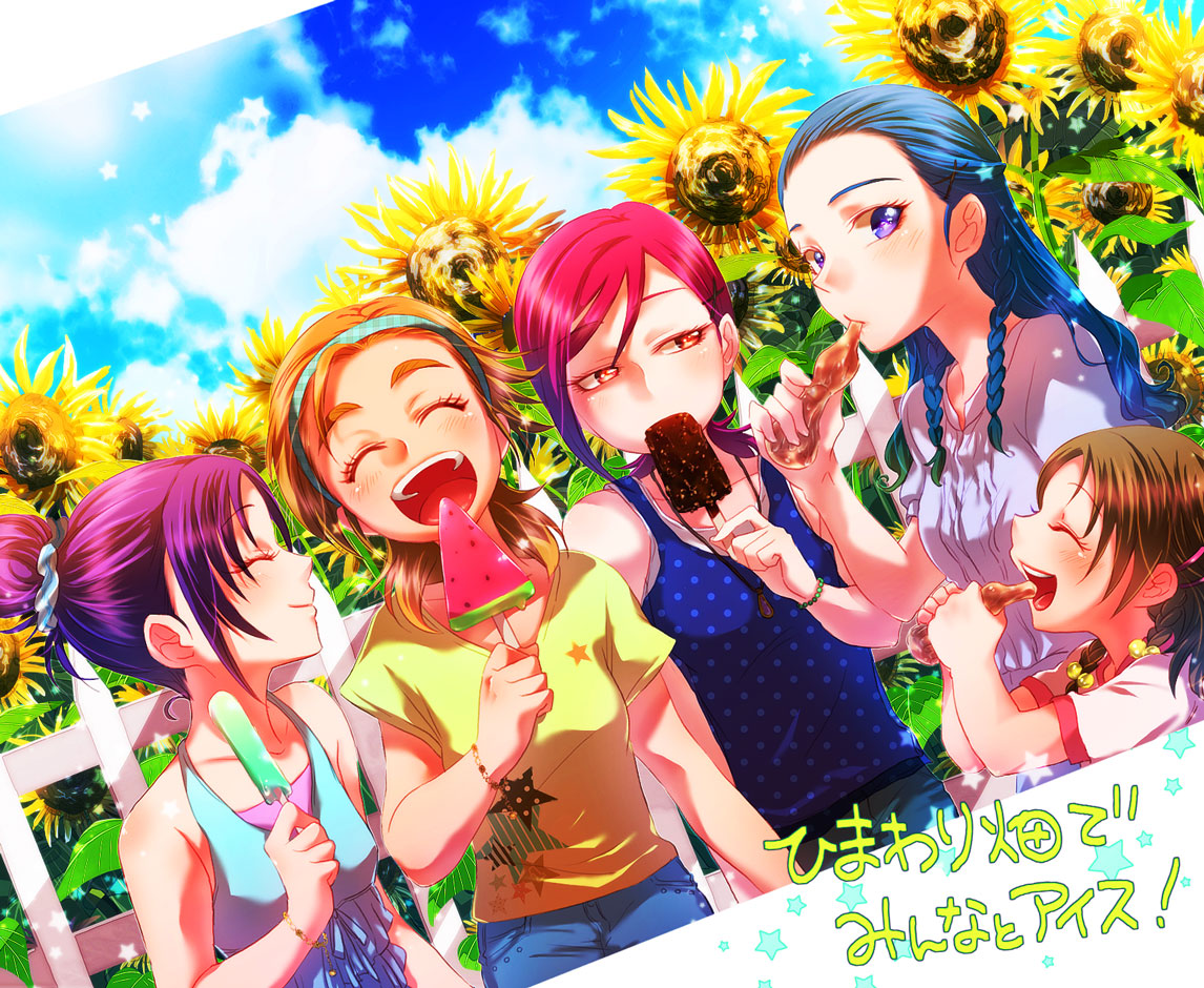 5girls, :d, alternate_hairstyle, bare_shoulders, blue_hair, blue_sky, blush, braid