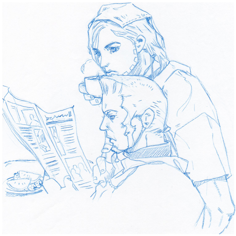 2boys, beard, cup, facial_hair, father_and_son, graphite_(medium), gregorio_zeppeli, gyro_zeppeli