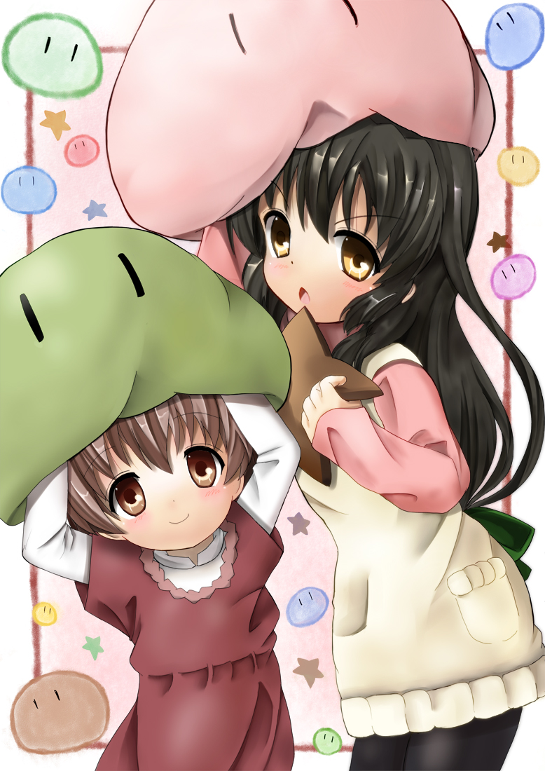 2girls, black_hair, brown_eyes, brown_hair, clannad, dango_daikazoku, ibuki_fuuko, long_hair, multiple_girls, okazaki_ushio, pantyhose, short_hair, starfish, tsumiki