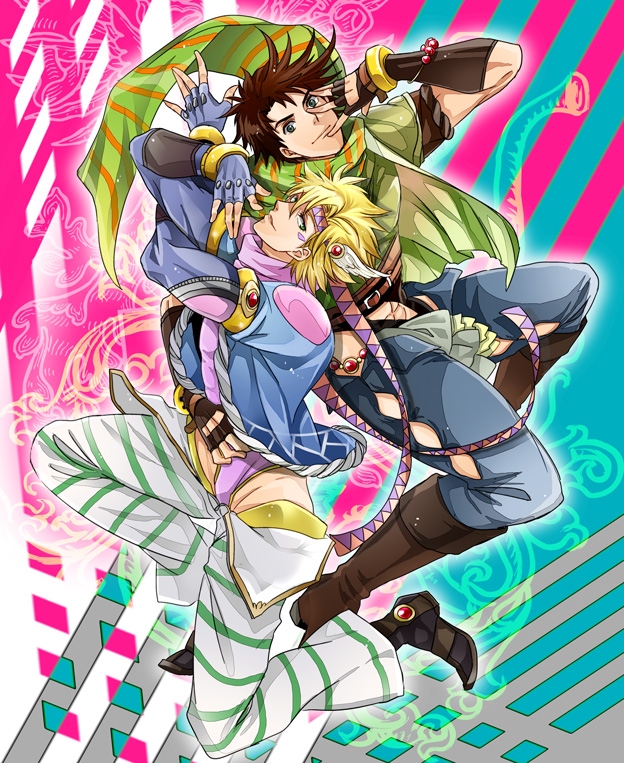 19routine, 2boys, abs, blonde_hair, blue_jacket, caesar_anthonio_zeppeli, facial_mark, fingerless_gloves
