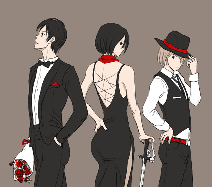 armin_arlert, belt, bouquet, bowtie, dress, eren_jaeger, flower, formal, hand_in_pocket, hand_on_hip, hat, mikasa_ackerman, red_rose, rose, shingeki_no_kyojin, suit, sword, top_hat, vest, weapon, yappo_(point71)