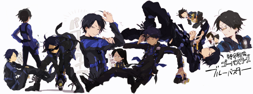 1girl, 2boys, black_hair, female, highres, hikawa, iwasaki_ryuuji, long_hair, male, multiple_persona, ponytail, sakurada_hiromu, short_hair, sunglasses, super_sentai, tokumei_sentai_go-busters, usami_youko