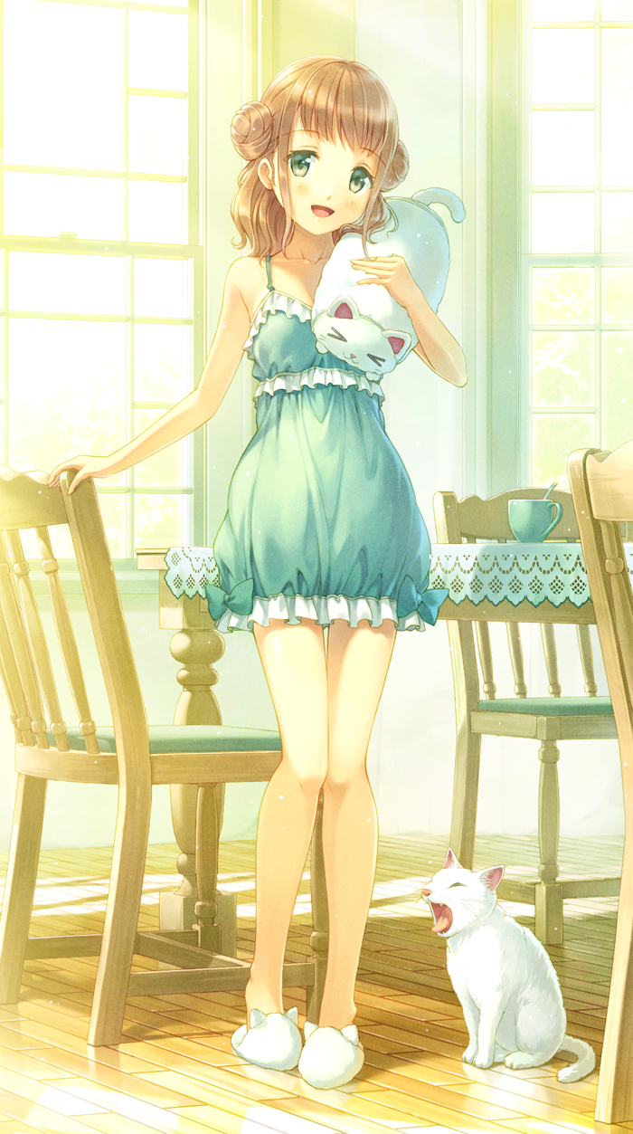 1girl, brown_hair, cat, chair, green_eyes, highres, kurage_(kurakurapix), nightgown, open_mouth, original, short_hair, slippers, smile, solo, table, window