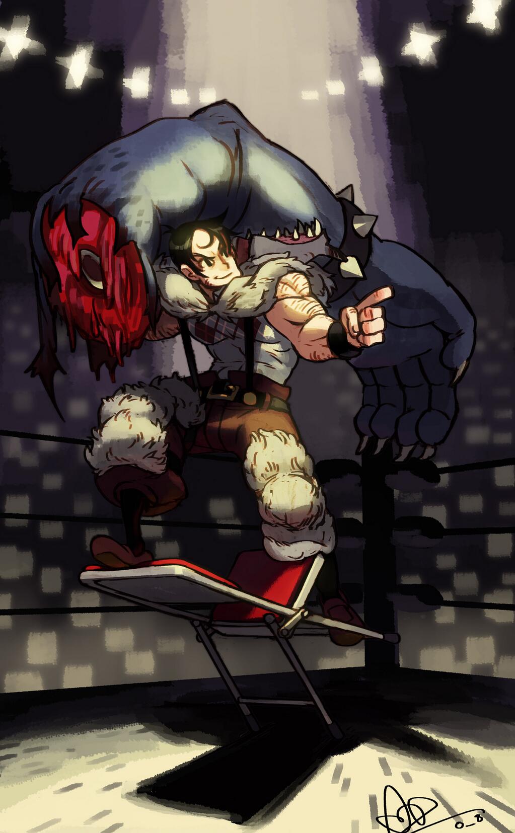 1boy, alex_ahad, beowulf_(skullgirls), black_hair, bracelet, chair, claws, folding_chair